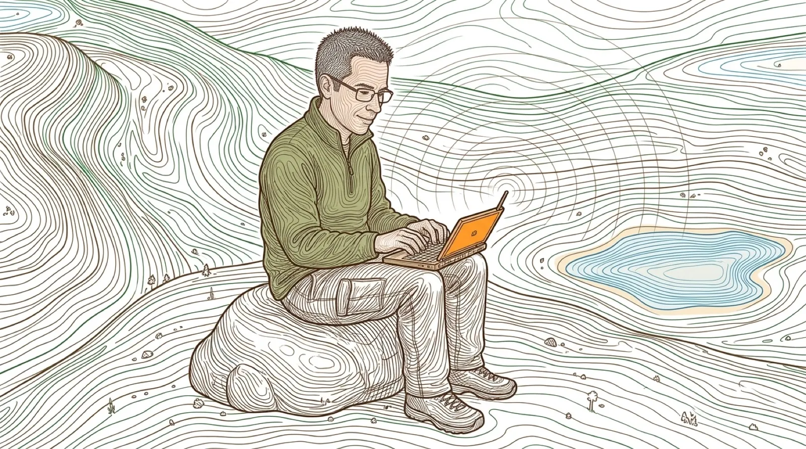 Topographic contours: Chris Pirillo in an olive fleece pullover sits on a boulder atop a hill, typing on a small handheld computer clipped to a keyboard, its stubby antenna up, while faint radio rings spread across the hills.