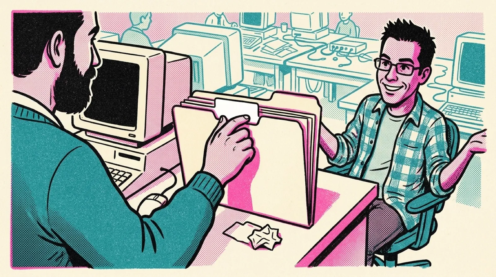 A risograph print of Chris at a 1991 university terminal shrugging and smiling while an invented sysadmin slips a new blank label tab onto a giant manila folder.