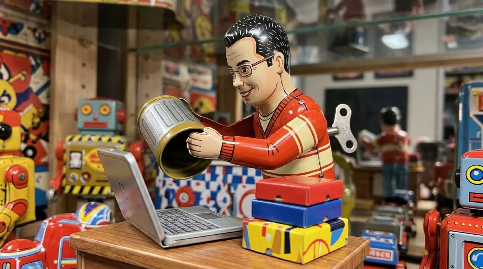 Chris, as a lithographed tin toy, empties a trash can into a laptop that stays full