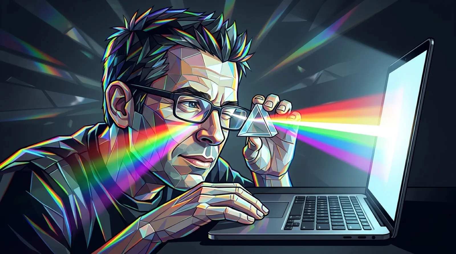 Close on Chris's face and hands as he holds a glass prism in front of a black MacBook Pro screen, splitting its light into a spread of colors.