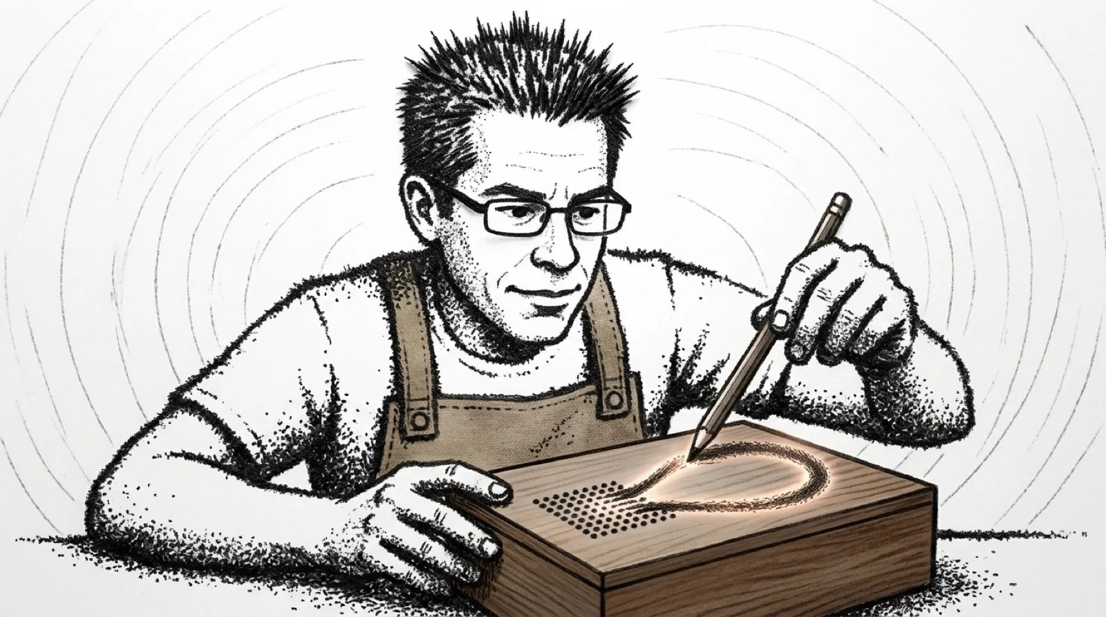 Picture made of iron filings on white card: Chris Pirillo in a canvas work apron traces a looping path with a small magnet wand over the lid of a wooden box, and the filings trail behind the wand.