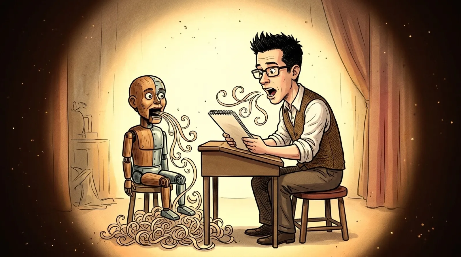 Chris Pirillo reads his own writing aloud at a desk while a robot ventriloquist dummy across from him spills identical curlicues from its open jaw