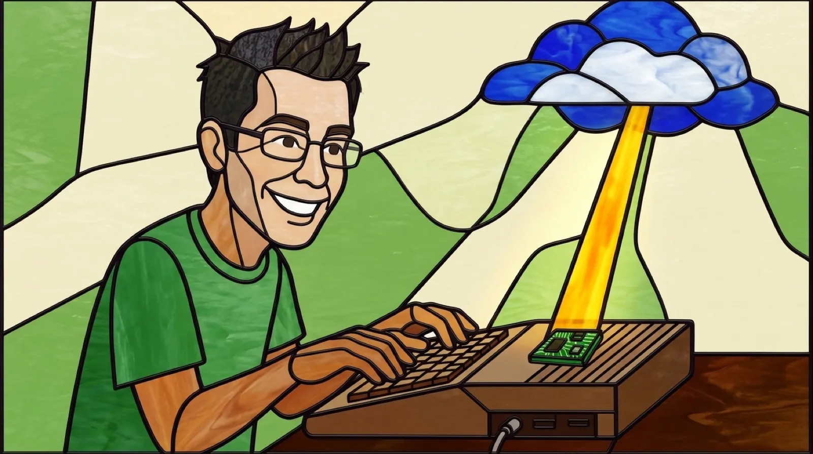 Stained-glass panel of Chris Pirillo at a chunky brown home computer, a cable from its side running up to a small circuit board that glows with a beam from a cloud.
