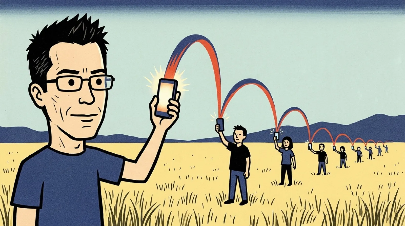 Woodblock-print Chris holds up a phone in an open field while a chain of phones held by small strangers passes a glowing ribbon of video from one to the next toward the horizon.