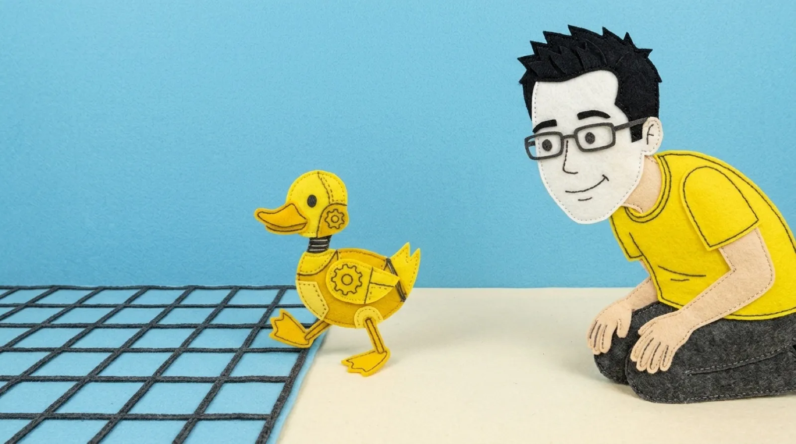 Chris watches a small robot duck take its first steps off a wireframe practice grid