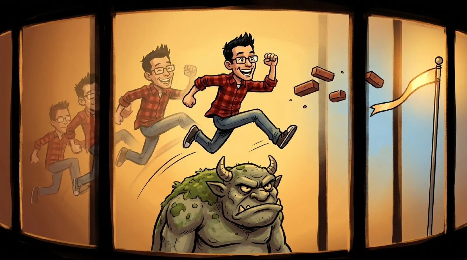 Chris leaps cheerfully over a grumpy horned stone ogre toward a ribbon at the far right, drawn as a zoetrope animation strip.