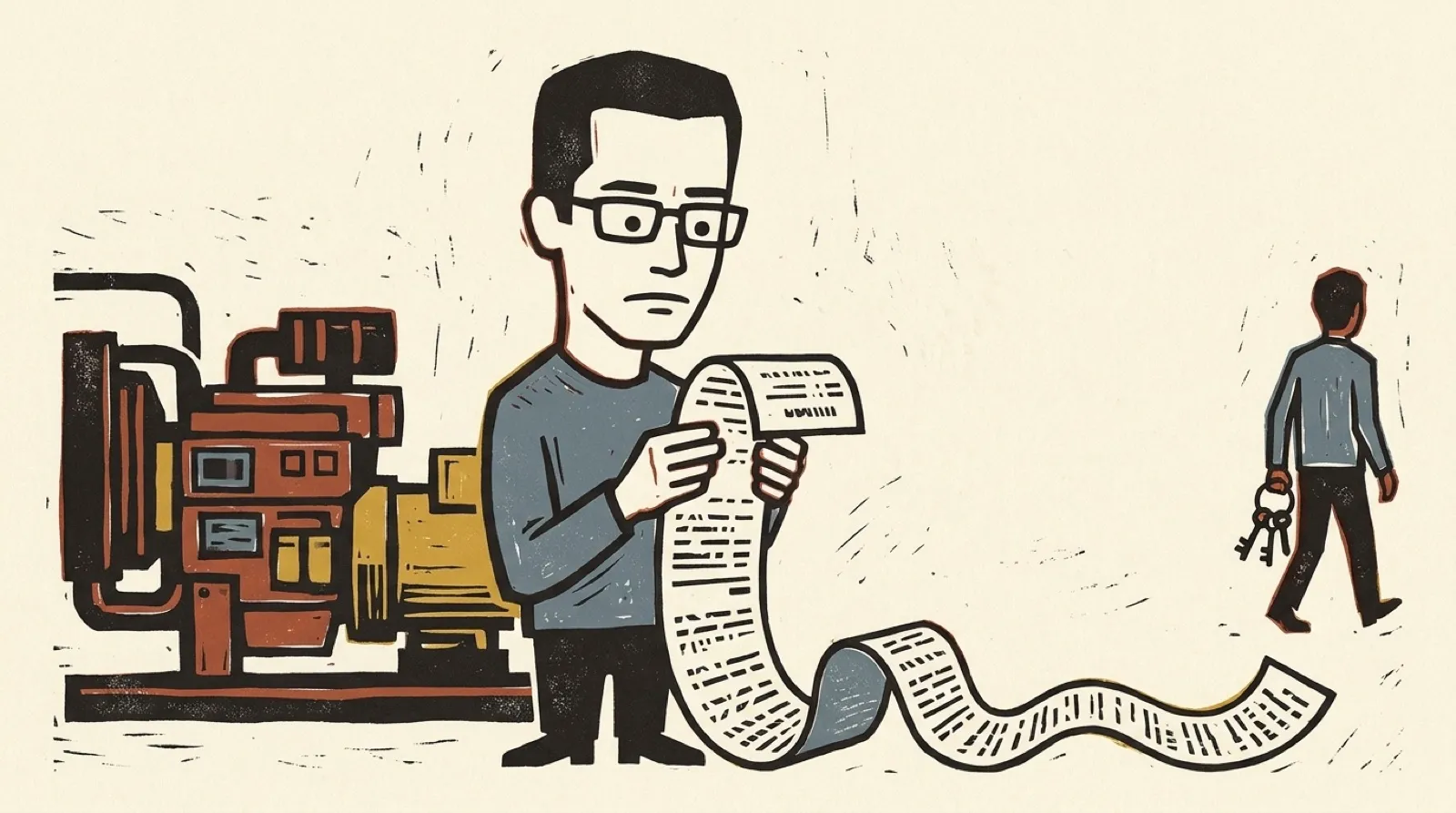 Chris stands beside a silent backup generator holding a long paper bill that unrolls to the floor, while a stranger walks off with a ring of keys