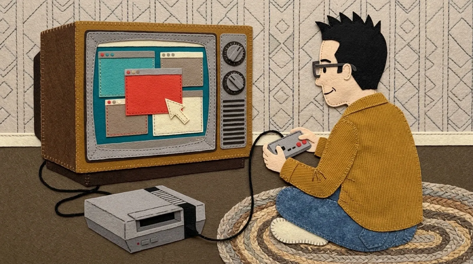 A felt applique scene of Chris cross-legged on a living-room rug, gamepad in hand, steering a mouse pointer across a windowed desktop on an old boxy TV, a gray console on the floor with its front door shut.