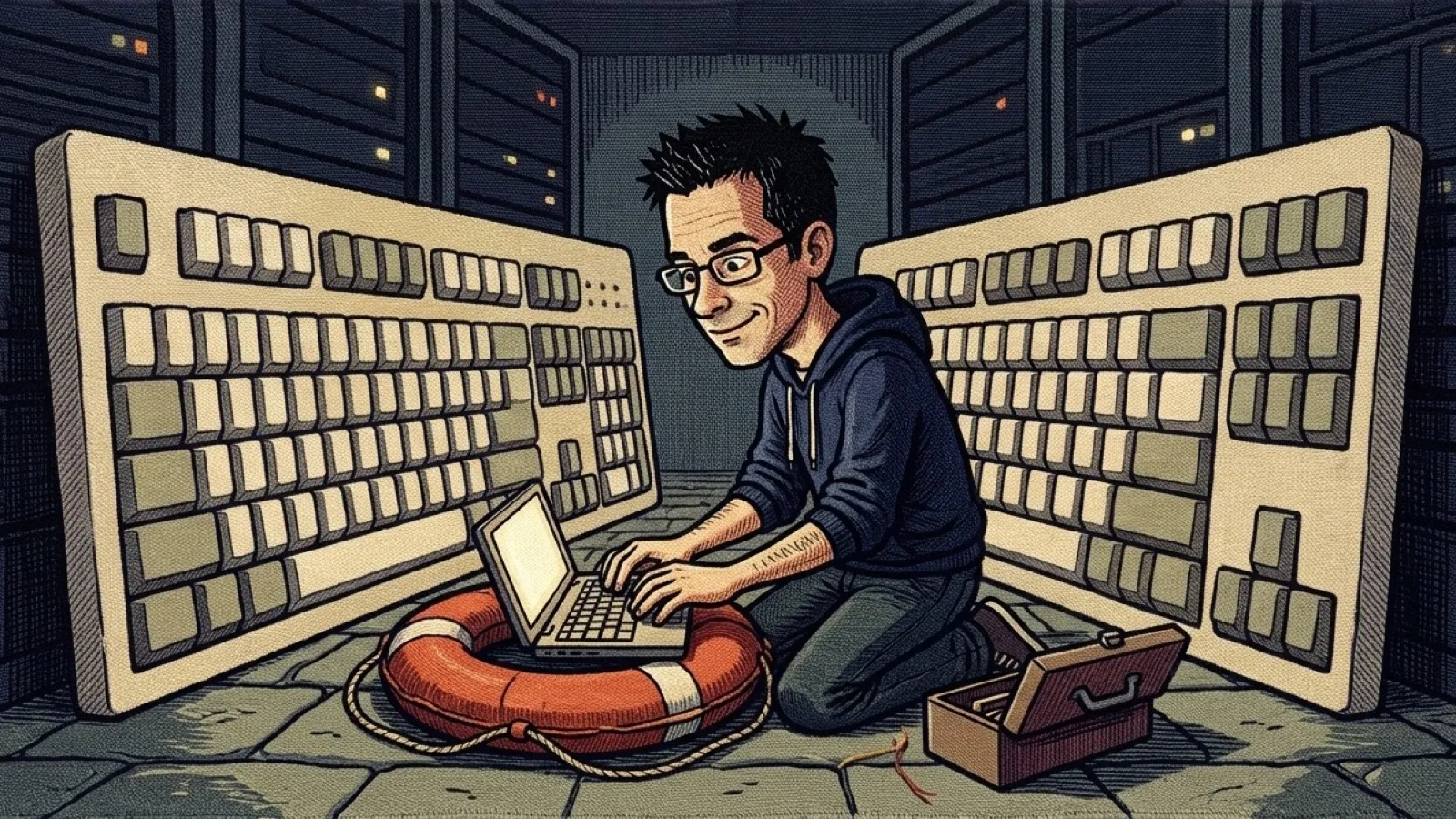 Chris, woven into a tapestry, kneels beside a tiny computer floating in a life ring and types on it calmly while two huge old keyboards loom behind him.