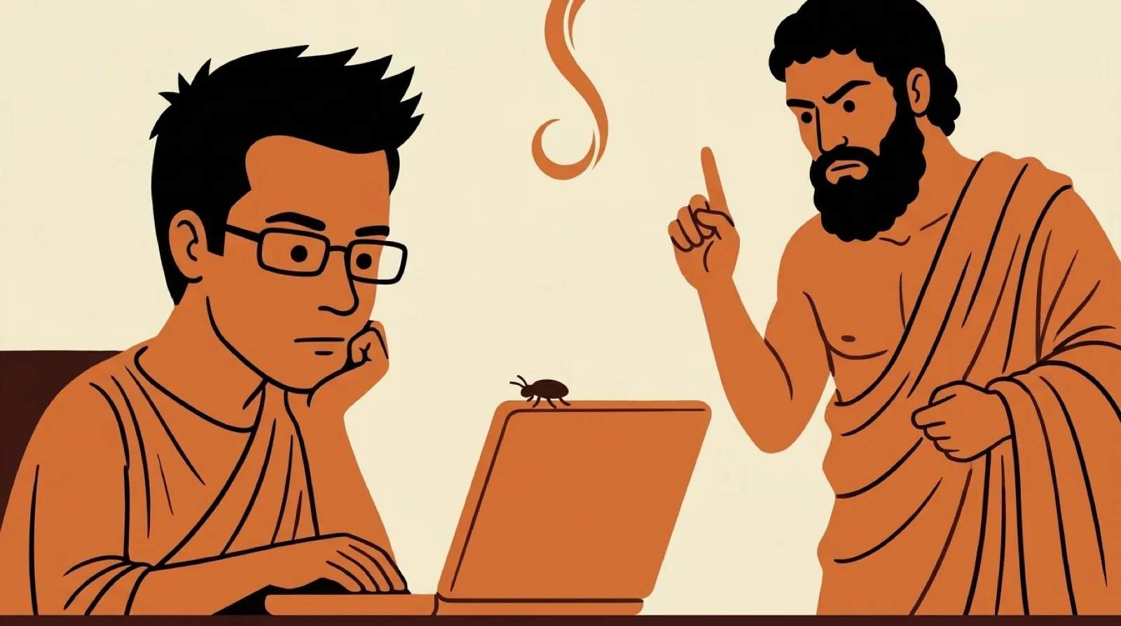 Red-figure vase painting style illustration of Chris Pirillo at a laptop, chin in hand, while a stern robed philosopher raises one finger over him and a small bug crawls on the laptop's edge.