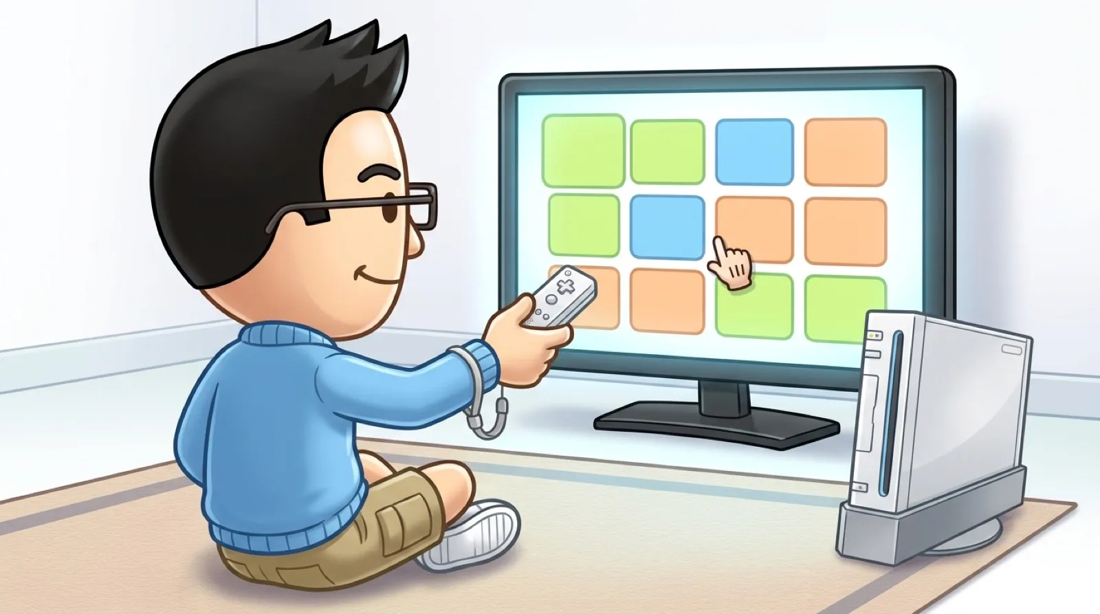 Chris Pirillo as a cartoon console avatar, sitting on a rug and pointing a Wii Remote at a TV showing a simple web page, a white Wii beside it