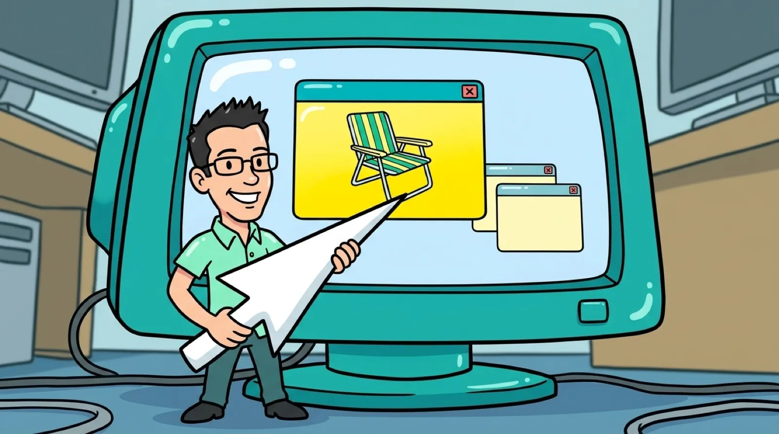 Chris points a giant cursor arrow at a pop-up window on a huge monitor, and the pop-up folds shut like a lawn chair.