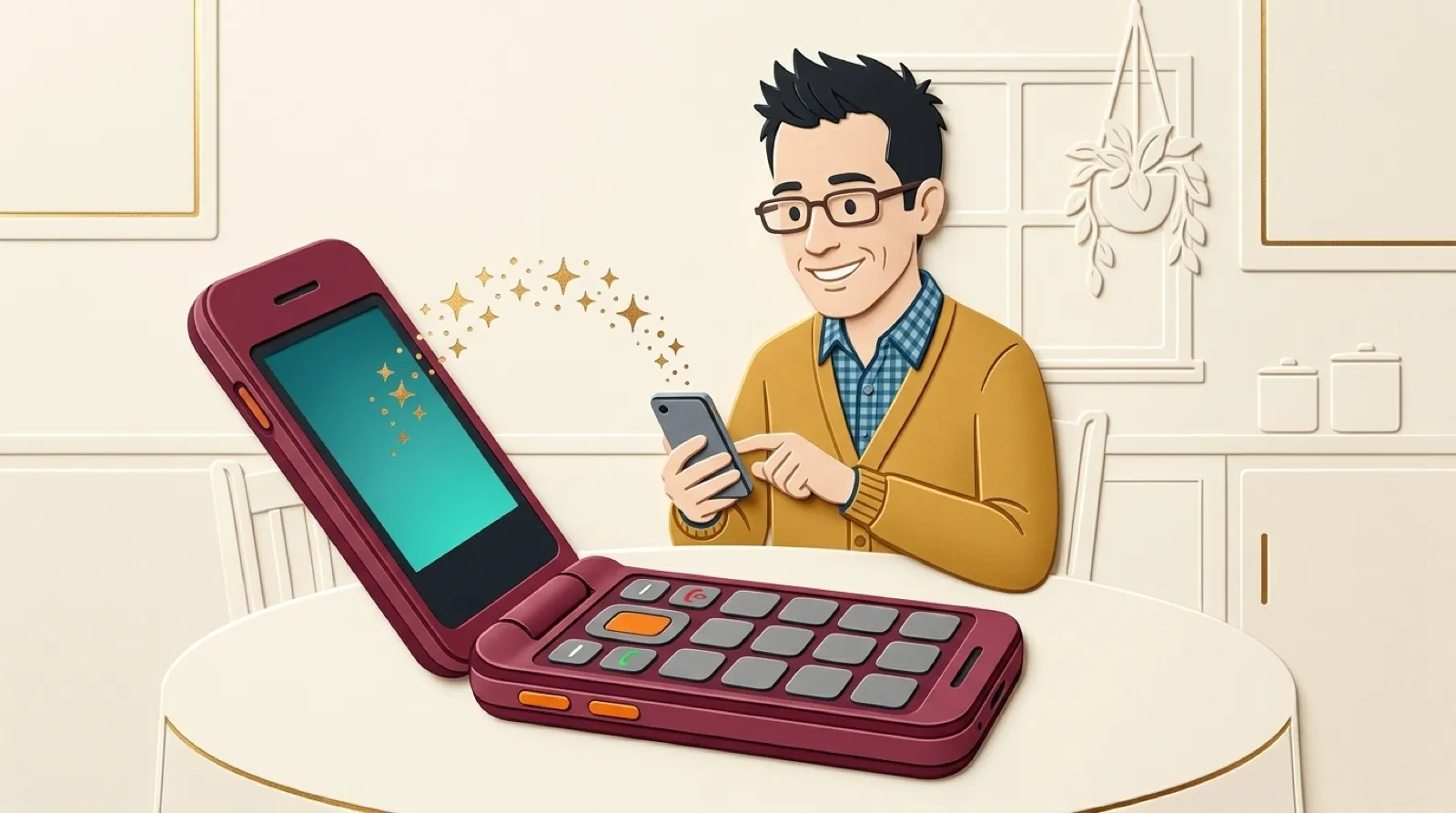 Chris Pirillo at a kitchen table sending settings from his smartphone to an open burgundy flip phone with an orange SOS button