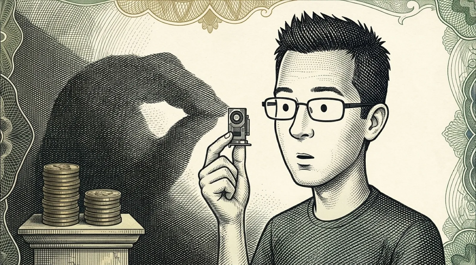 Chris Pirillo, drawn as an engraving, holds a tiny graphics card that casts a giant shadow over two stacks of old coins