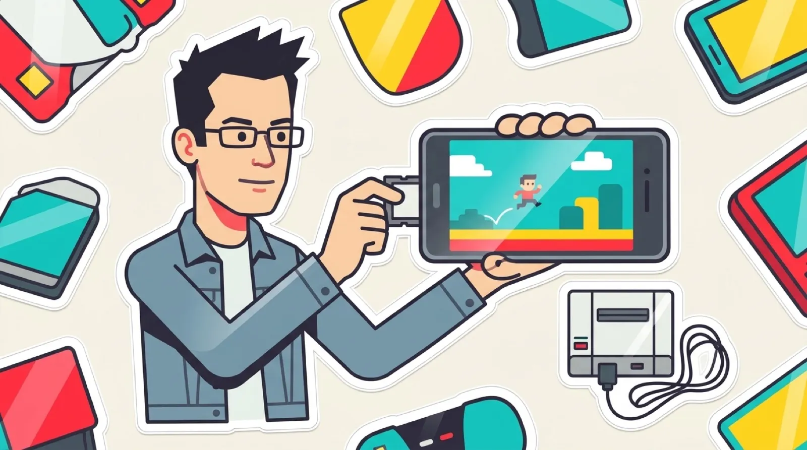 Chris slides a game cartridge straight into the side of a smartphone that is already playing the game, while a console sits unplugged beside him.