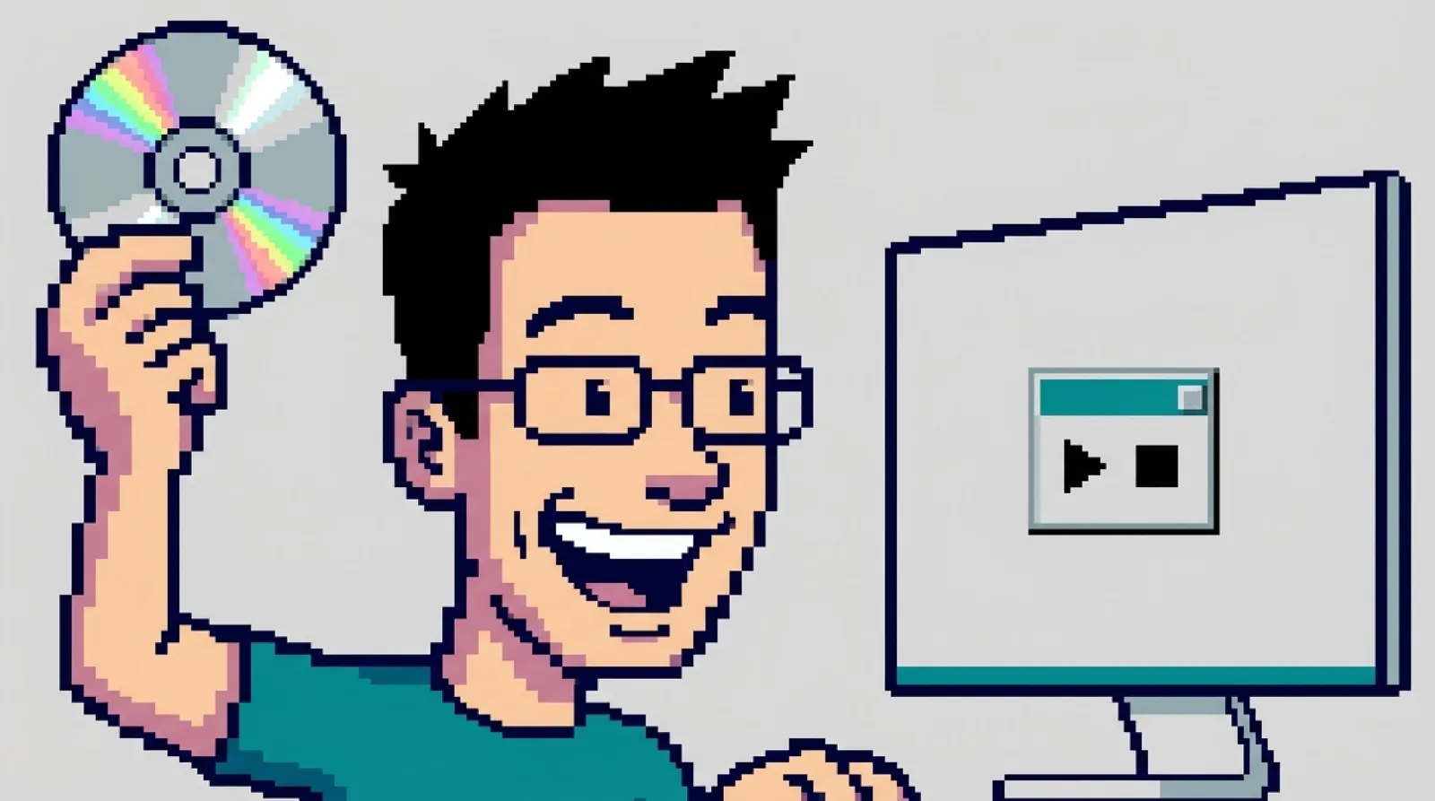 Pixel-art illustration of Chris Pirillo holding up a shiny compact disc beside a modern flat monitor showing a tiny old-style grey window with play and stop symbols.