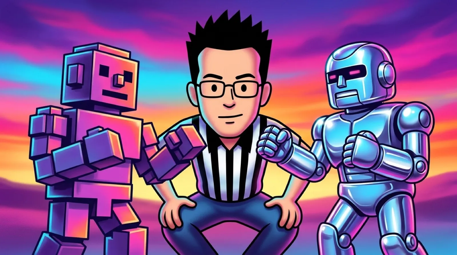 Chris kneels between two toy robots squaring off, one built of chunky square pixels, the other smooth and glossy, as if refereeing.
