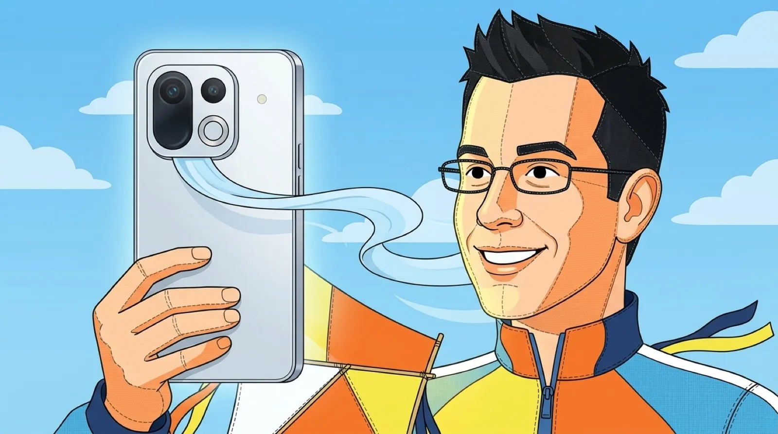 Chris, made as a stitched fabric kite, holds up a OnePlus Ace 7 Pro whose camera island vent blows a ribbon of cool air past his face