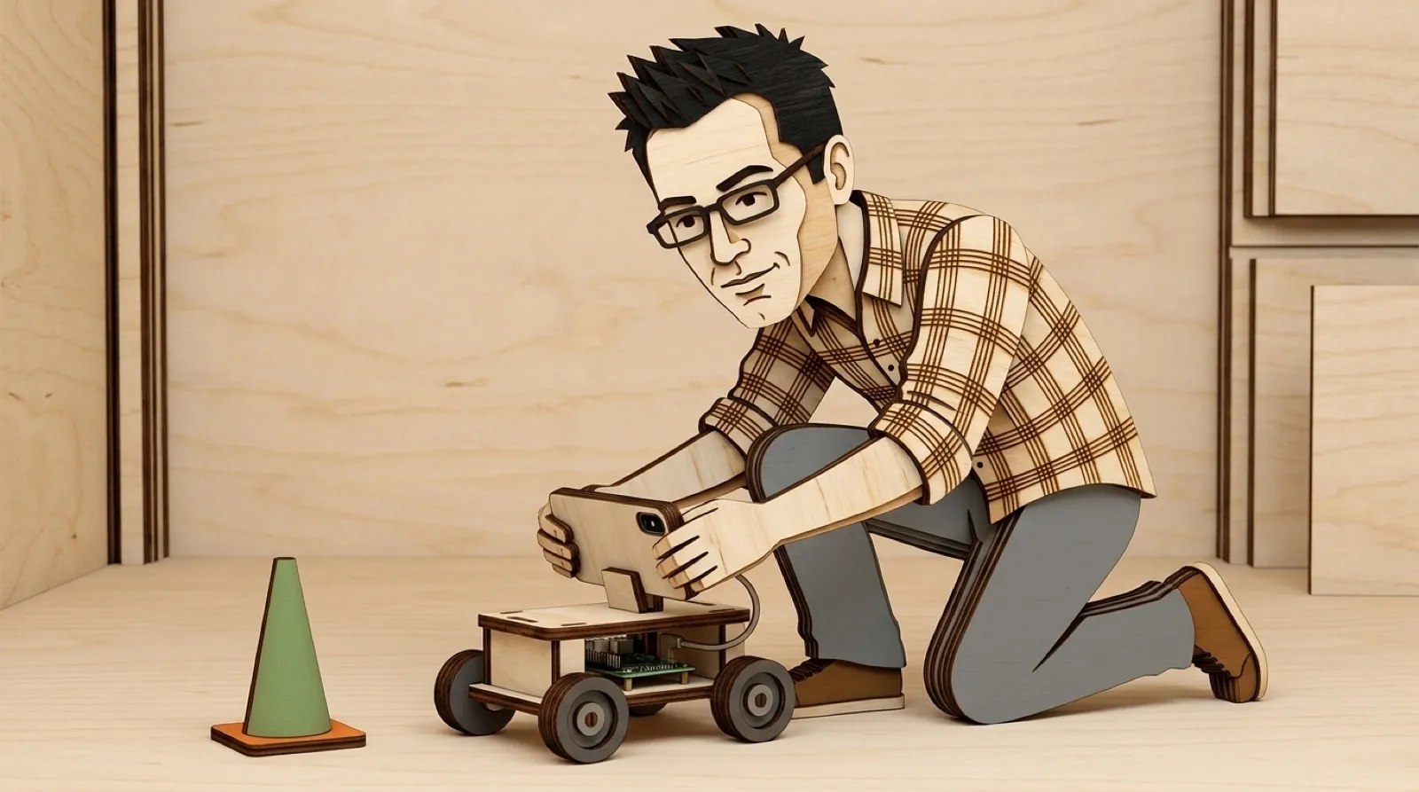 Chris kneels on one knee behind a small four-wheeled robot car and sets a smartphone into the holder on its back, built from stacked layers of laser-cut plywood.