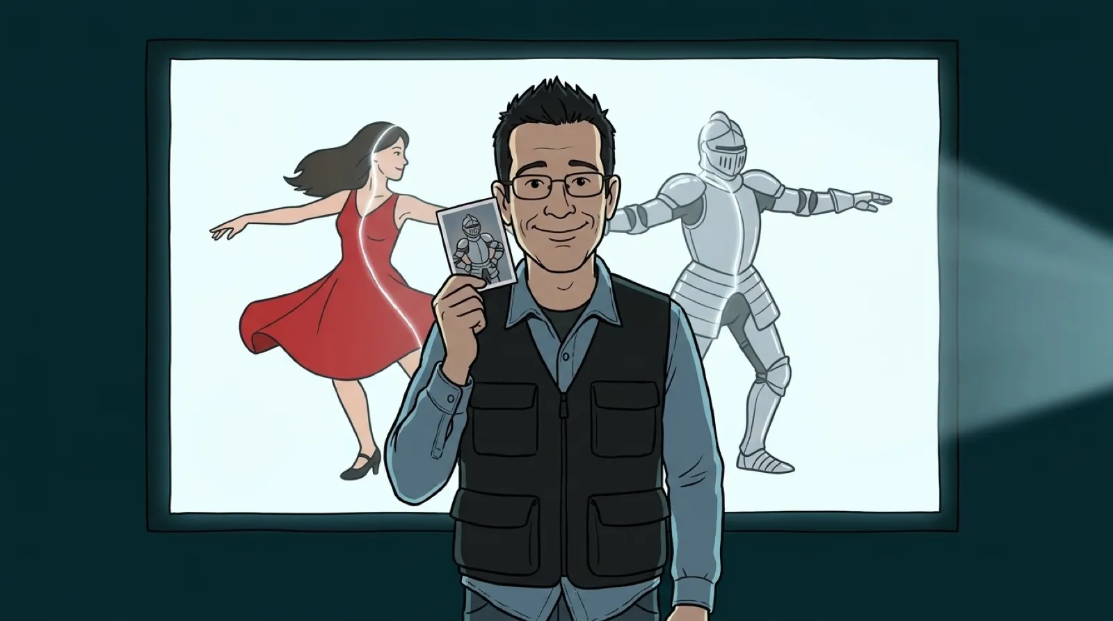 Chris Pirillo holding up a photo card of an invented armored character in front of a projected video frame where a dancing figure is halfway turned into that character