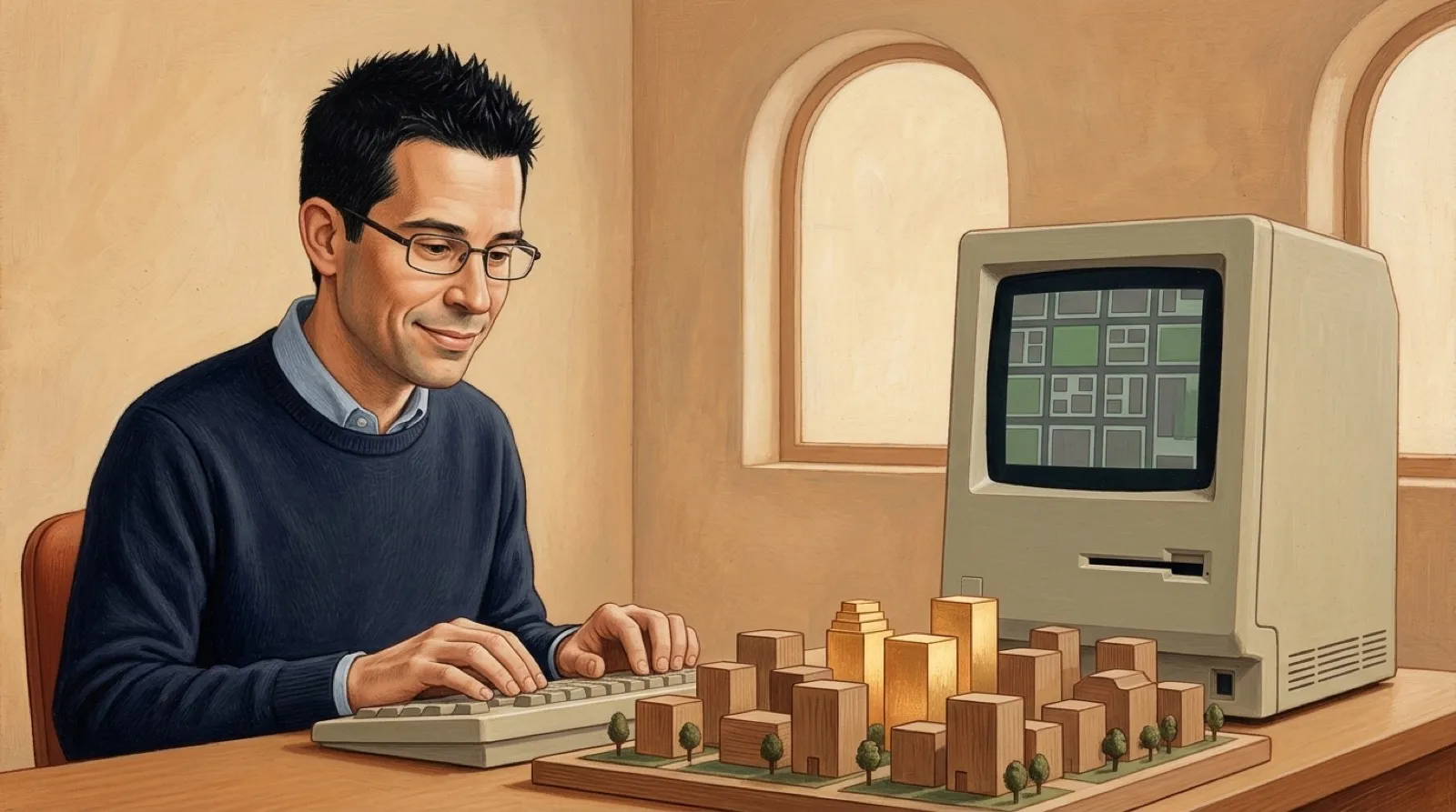 Chris Pirillo at a wooden desk beside a beige 1989 computer, a small tabletop model city in front of him with only one row of buildings lit up