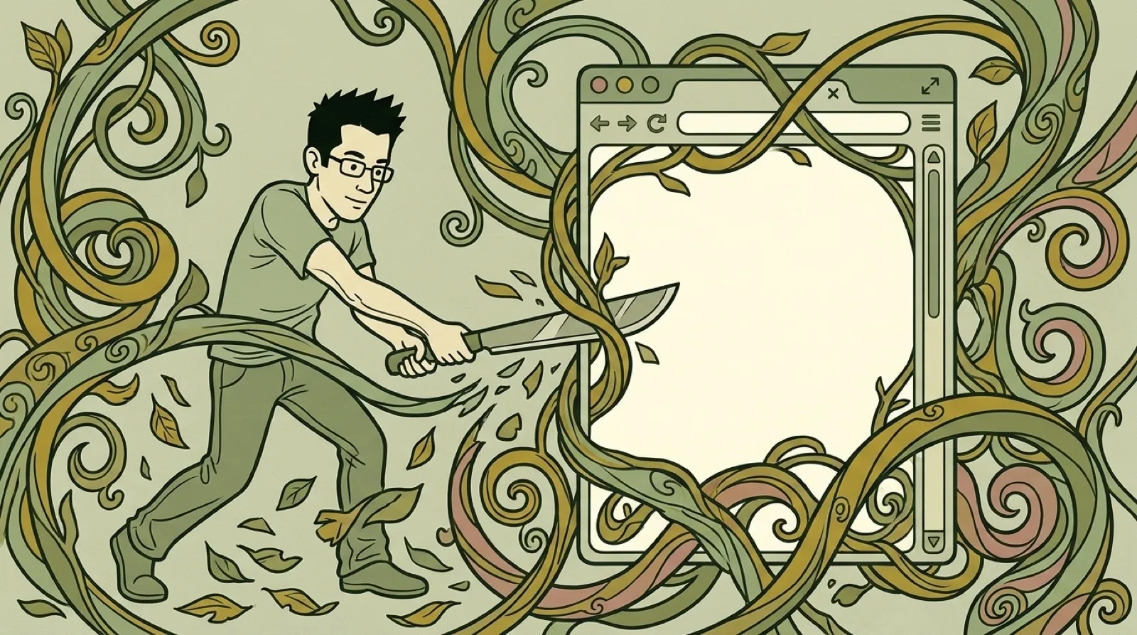 Art Nouveau poster of Chris swinging a machete through curling vines that cover a tall browser-window shape, leaves falling away where he has cut.