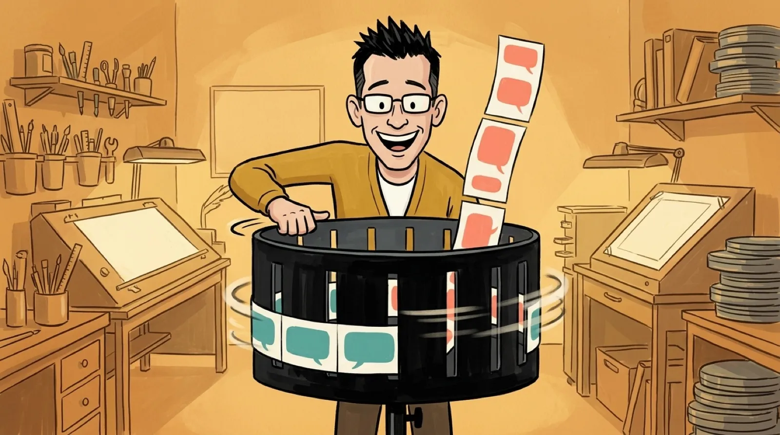 Chris spinning a zoetrope drum with two ribbons of caption-bubbles racing inside, each breaking into neat chunks at different spots as they spin.