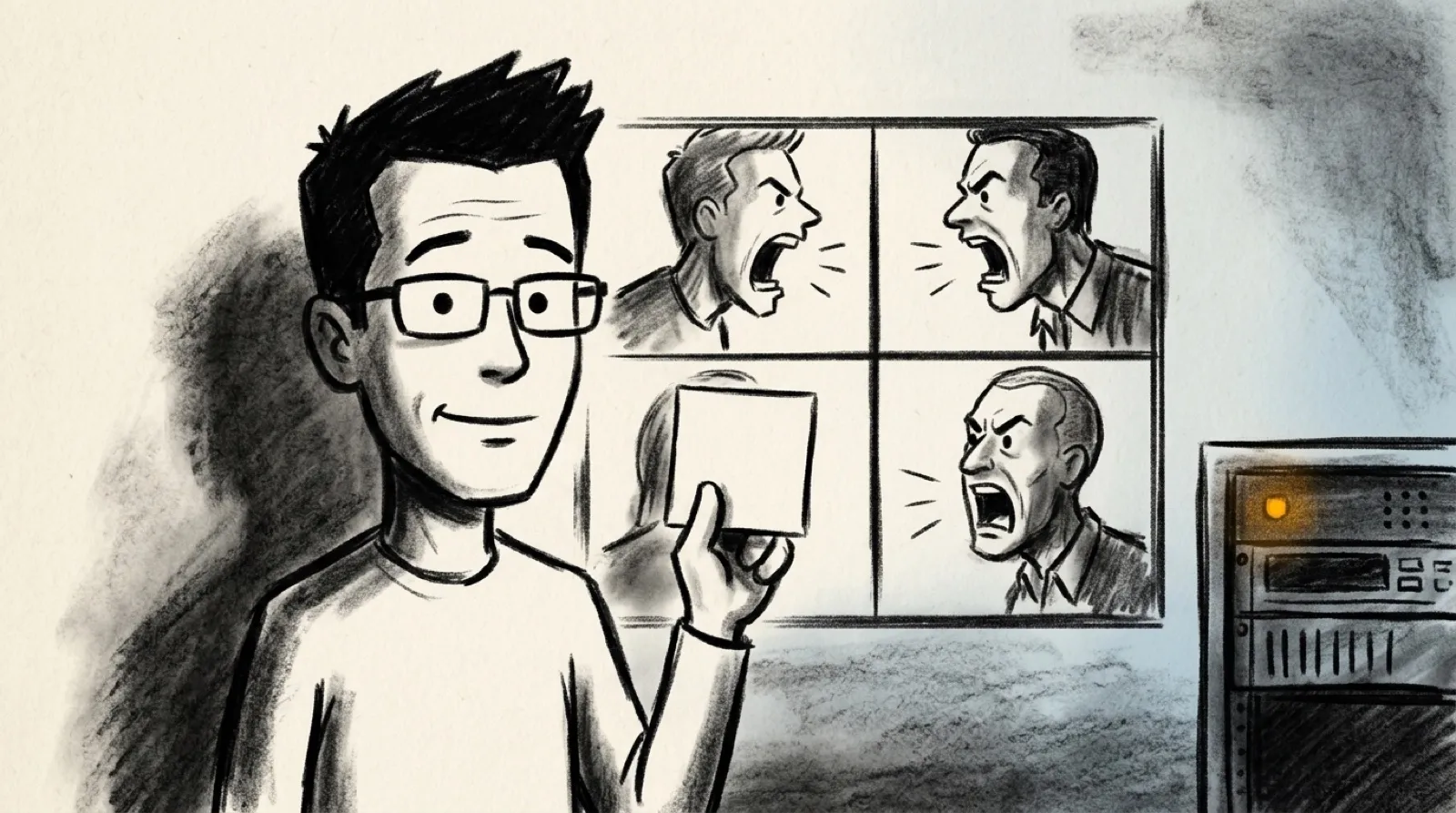 Charcoal sketch of Chris Pirillo holding up a single sticky note between two shouting strangers on a video-call grid, a rack-mounted firewall glowing beside him.