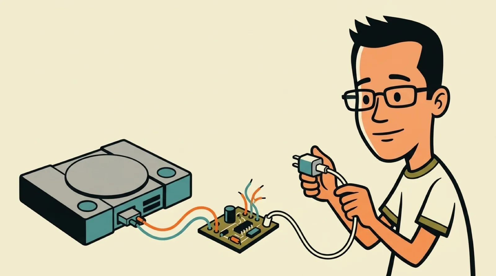 Chris plugs a phone charger into a 1990s disc console through a small homemade board