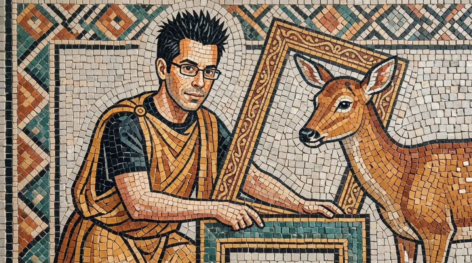 Mosaic of Chris and a deer squeezing a large picture frame down to a smaller one
