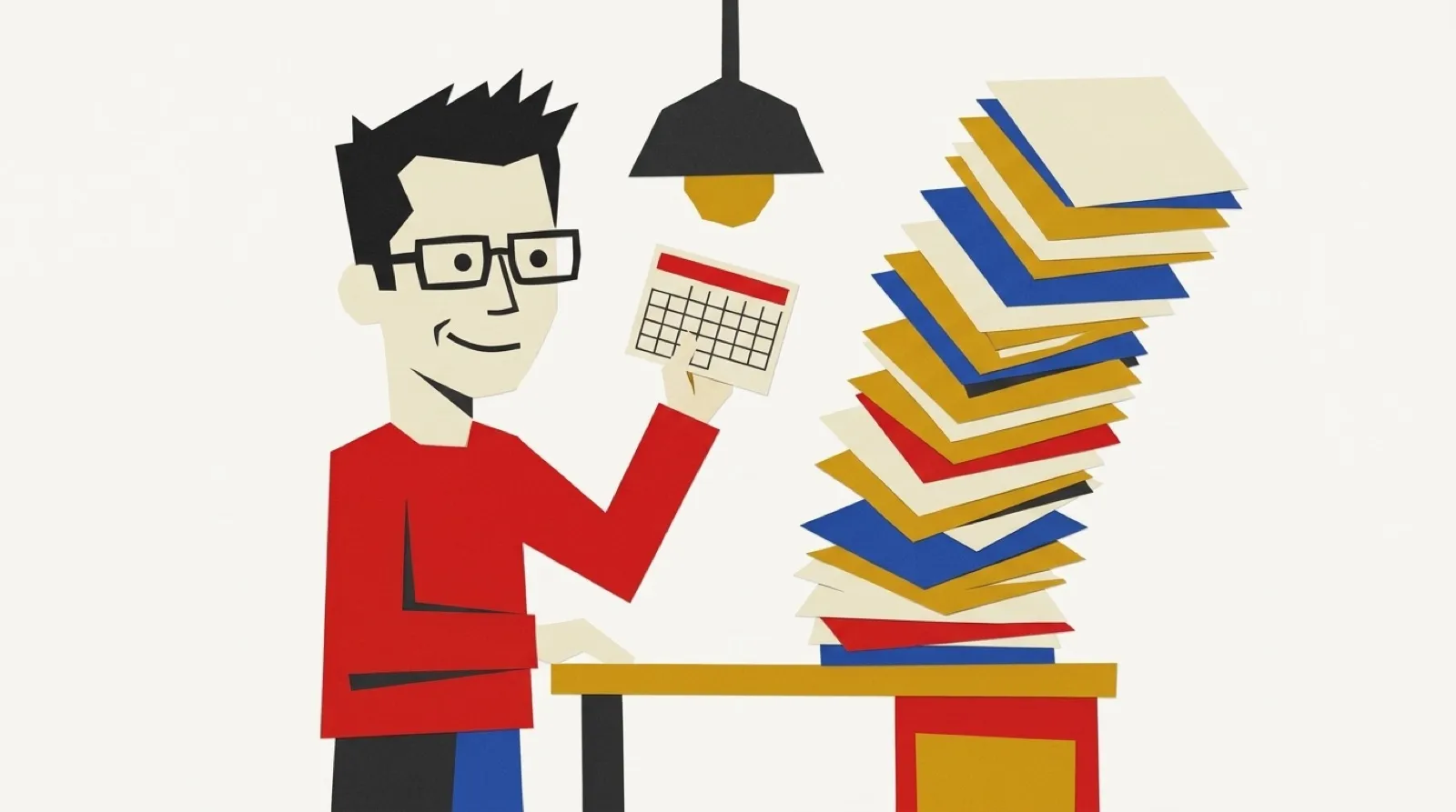 Chris holds up one small grid calendar card while a tall tower of paper sheets topples beside him.