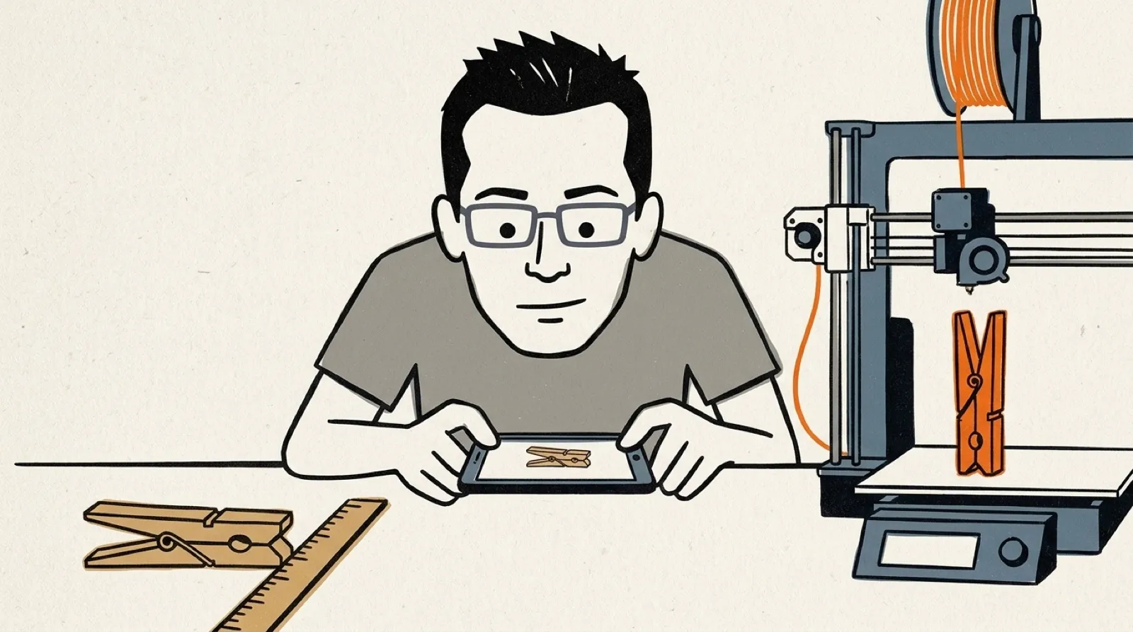 Chris Pirillo holds a phone over a wooden clothes peg lying beside a ruler, while a matching printed peg sits on a 3D printer's bed behind him.