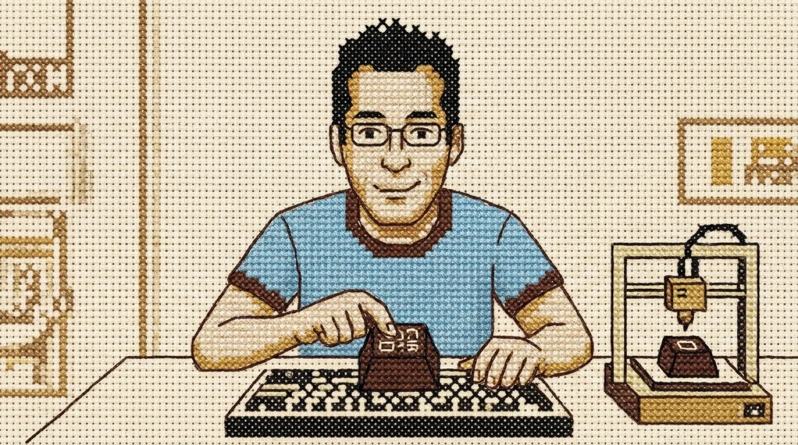 A cross-stitch scene of Chris pressing a dark brown keycap onto a keyboard beside a small 3D printer.