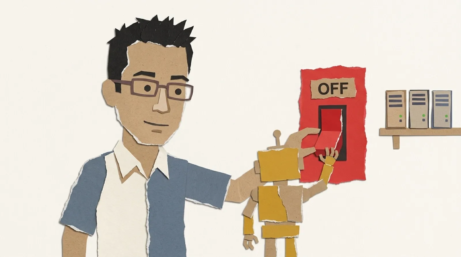 Chris, in cut-paper collage, gently lifts a small paper robot's hand off a big red off switch while a row of tiny paper servers hums on a shelf behind them