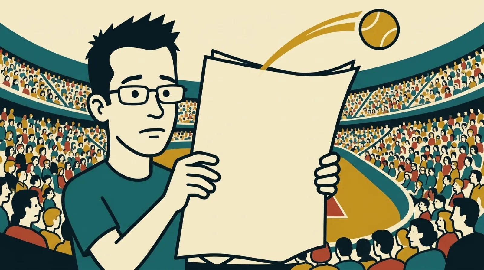 Chris in a Belle Epoque poster style holds up a blank sheet of newspaper in front of a packed tennis stadium while a tennis ball arcs over the top of the paper.