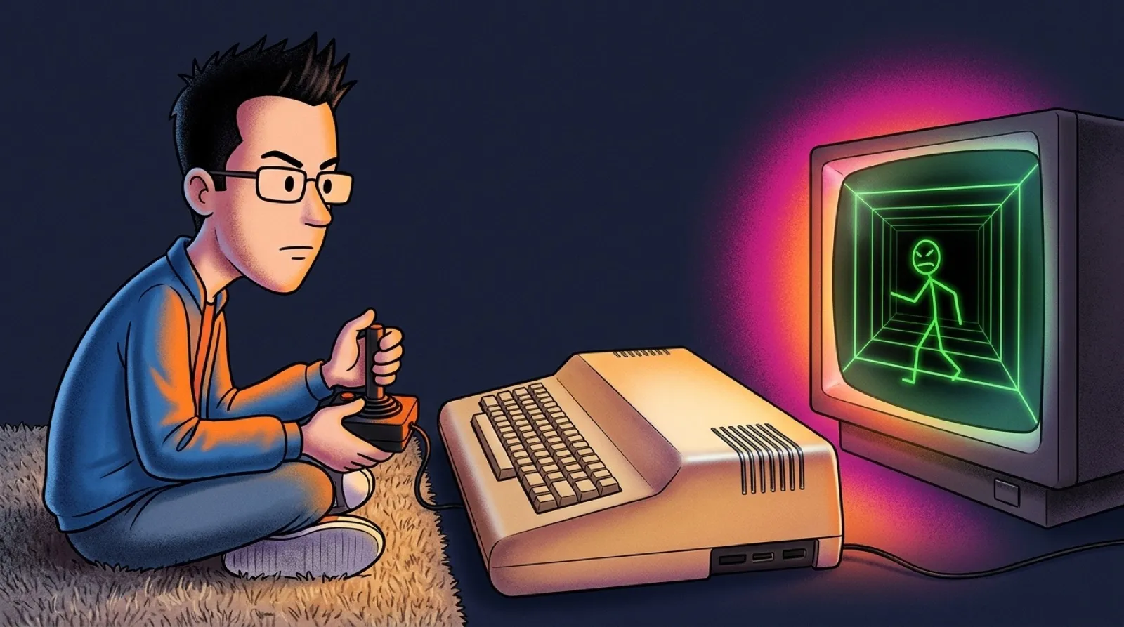 Chris, joystick in hand, leans toward a small CRT showing a green wireframe corridor and a stick-figure monster, beside a beige home computer.