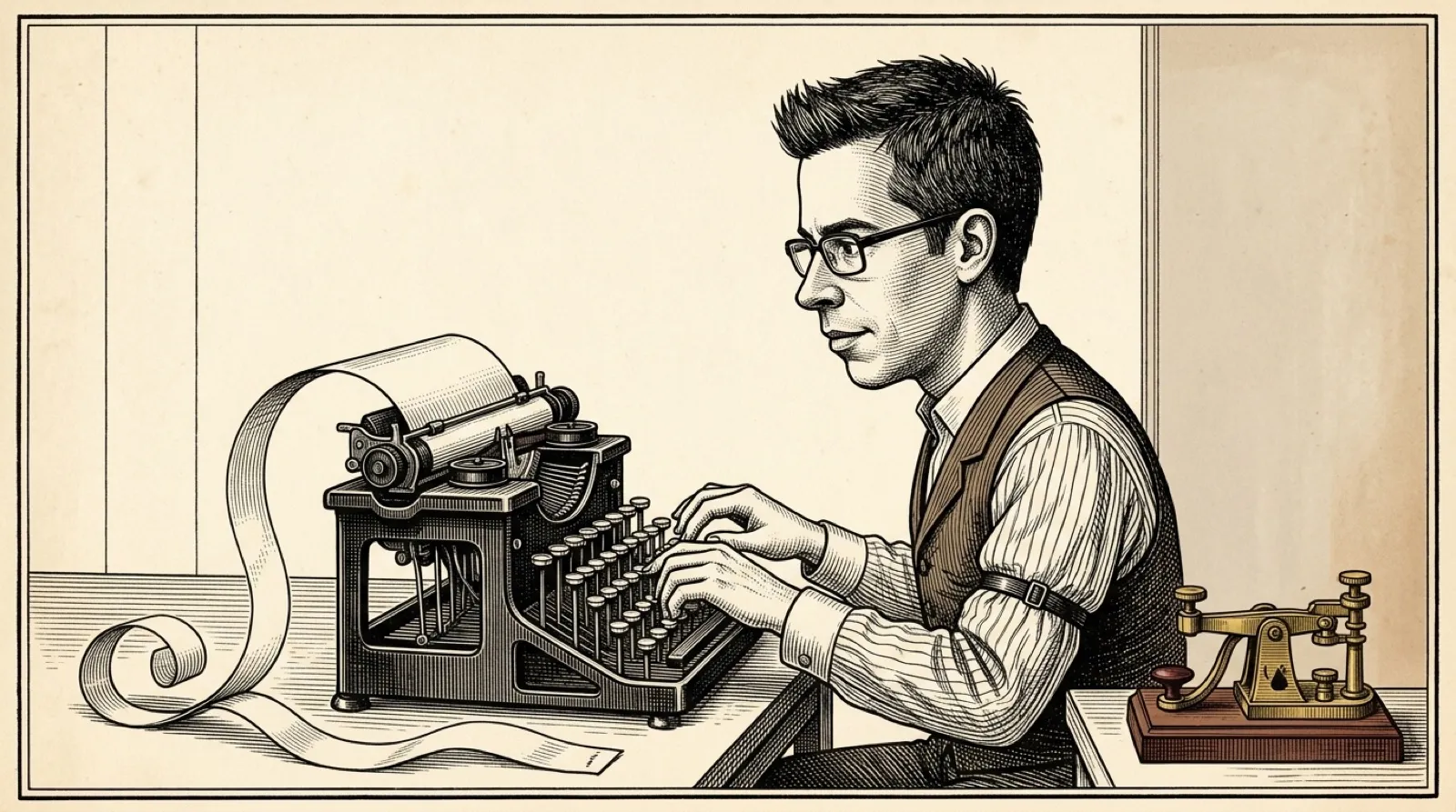 A patent-style engraving of Chris in a Victorian telegraph office, typing on an early typewriter with round button keys on metal stalks while a brass telegraph sounder sits on the desk beside him.