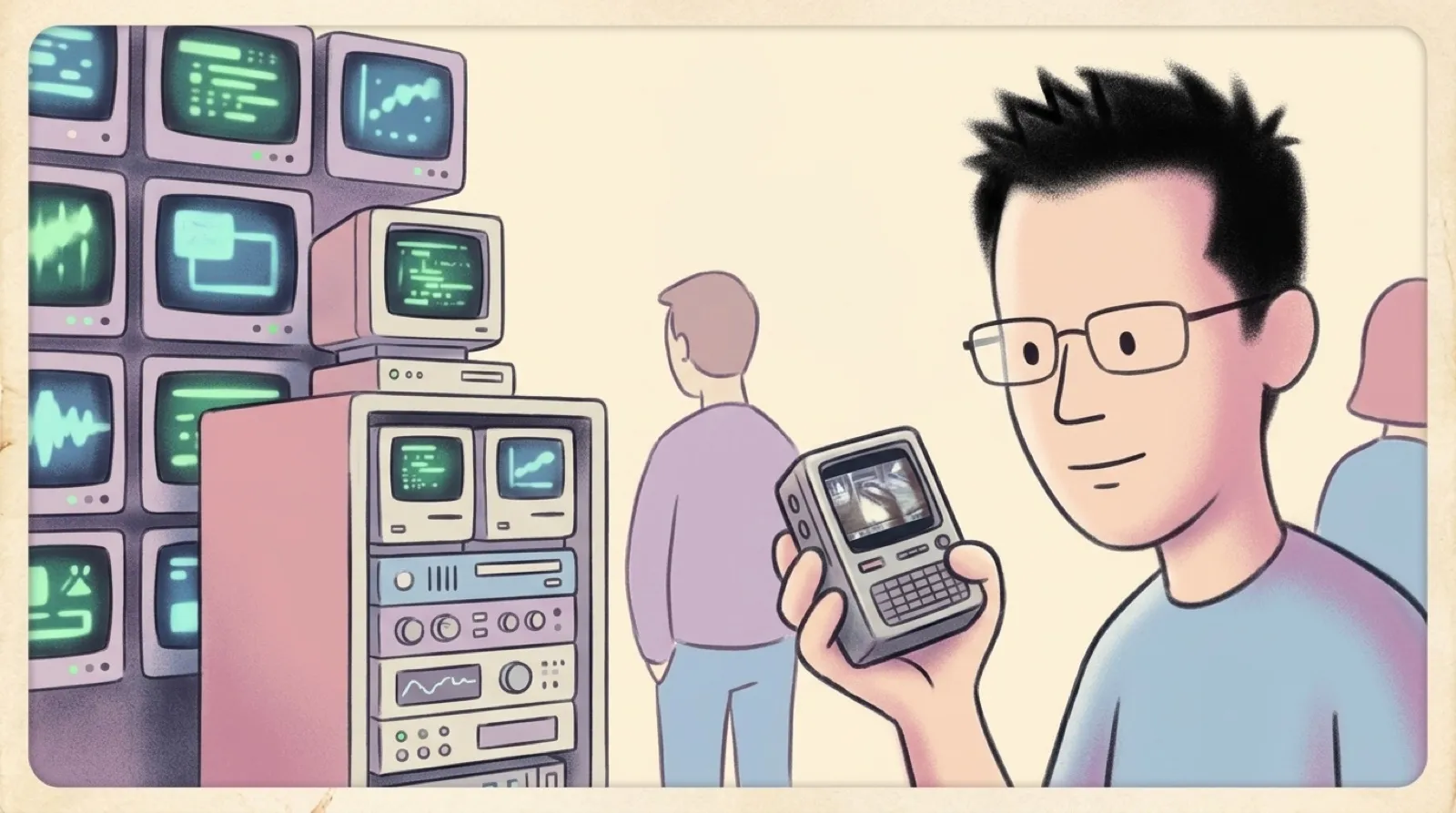 Chris sits at a small rack of single-board computers acting as a TV control room, a handheld TV in his hand