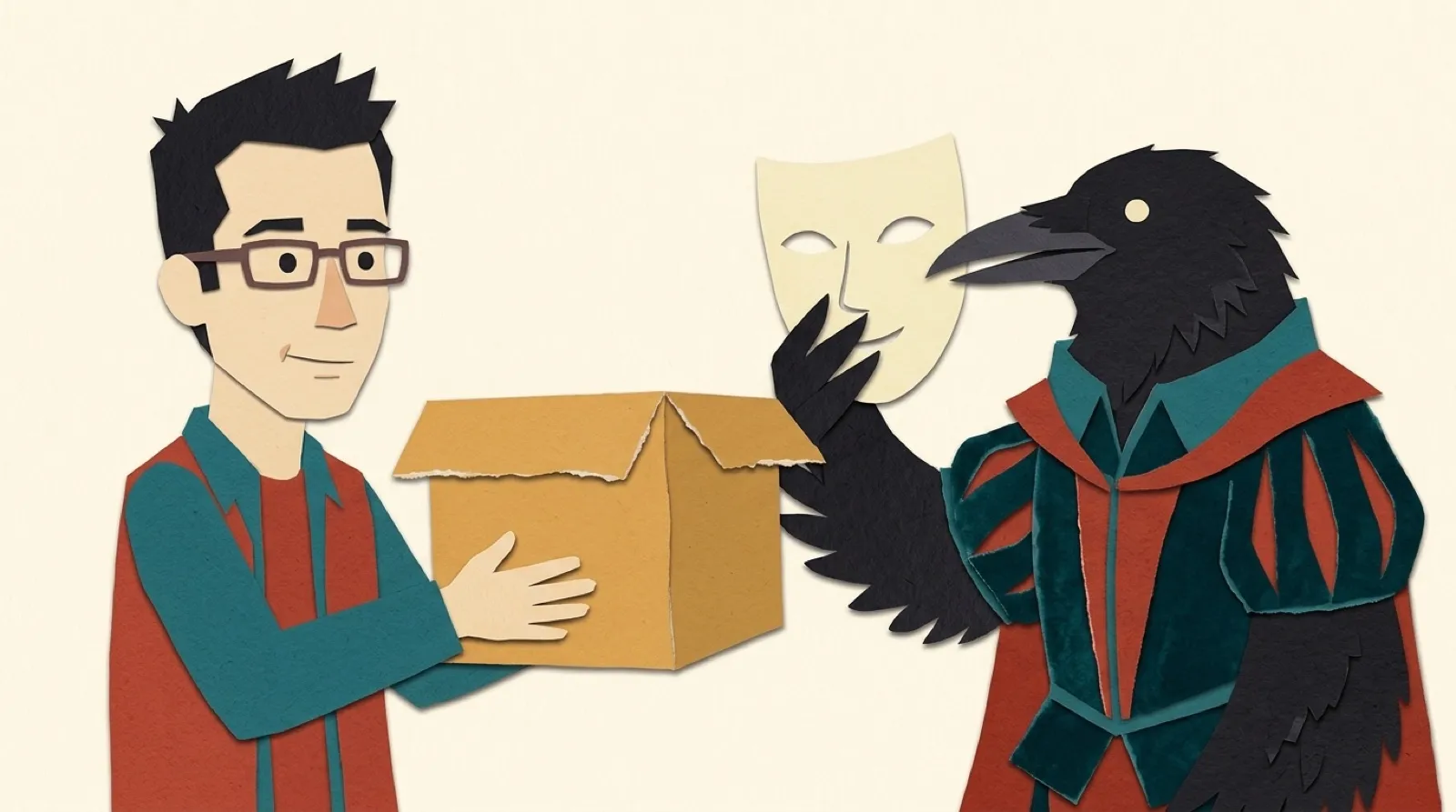 Chris hands a plain cardboard installer box to a big black raven in a stage costume holding up a theatre mask