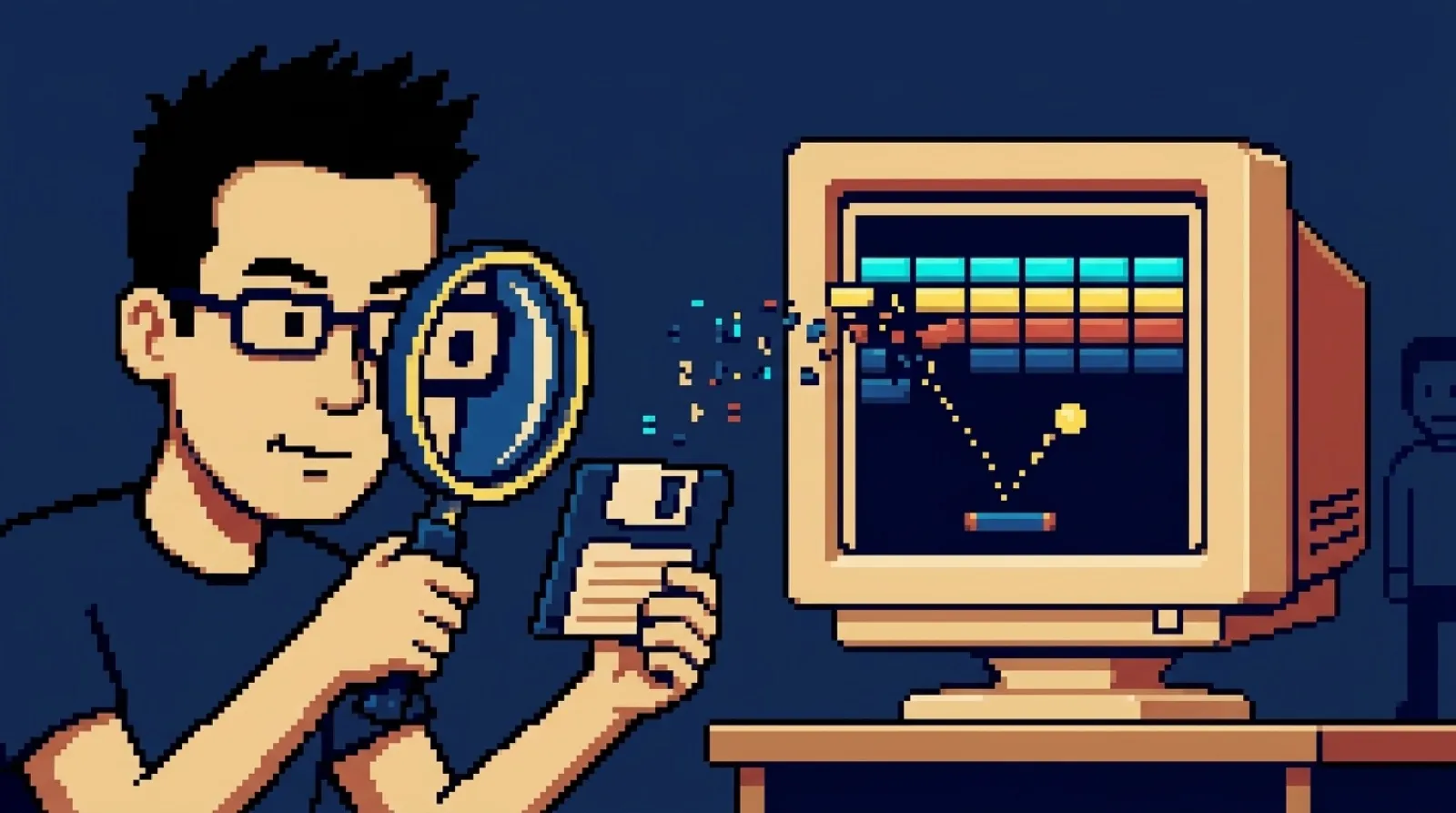 Pixel-art Chris Pirillo peering through a magnifying glass at a floppy disk while a beige CRT beside him shows a brick-breaker game.