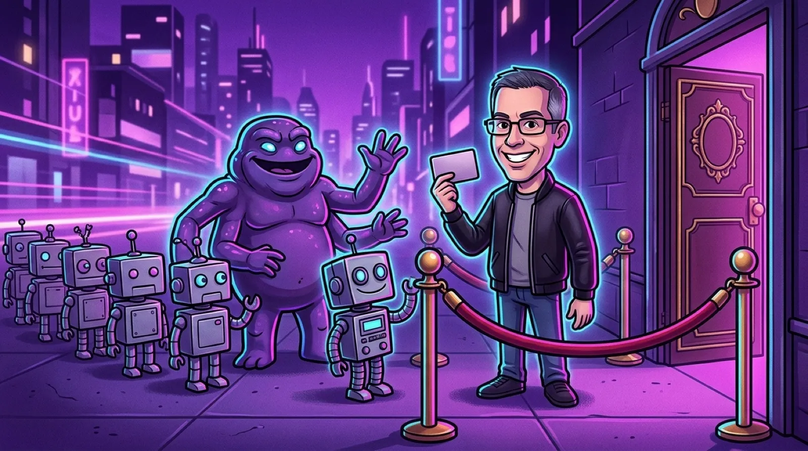 Chris stands on a sidewalk outside a club door guarded by a velvet rope while a line of little robots is turned away.