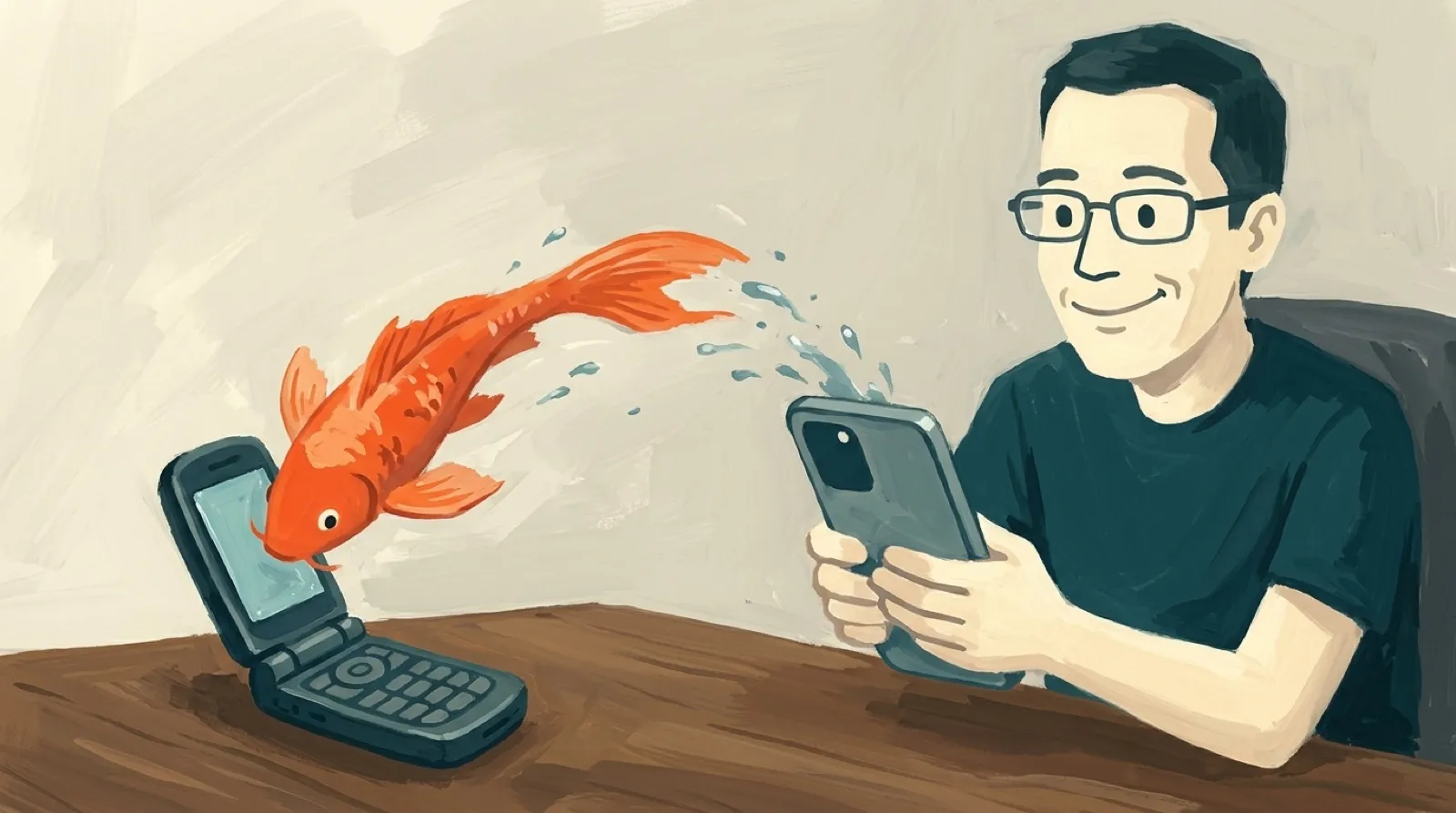 Chris holds a modern phone where a tiny orange koi swims out of an old small phone into the bigger screen.