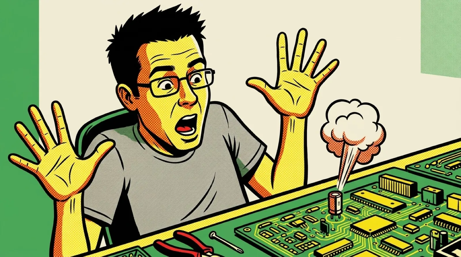 Comic-inked Chris at a repair bench leans back, eyebrows up, as a small capacitor on a green circuit board pops with a puff of smoke.