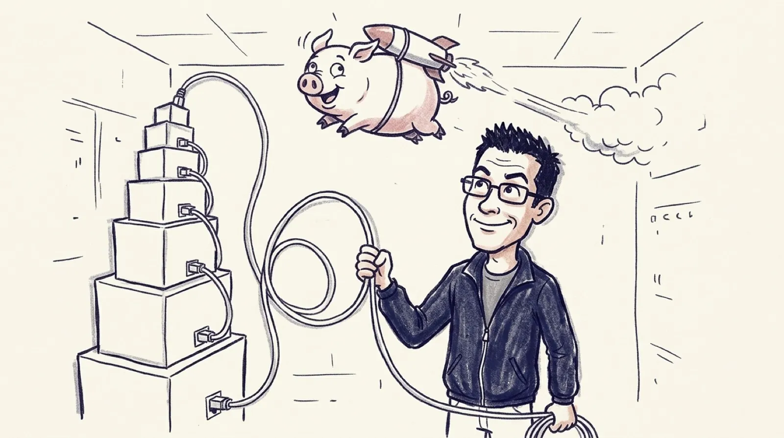 Chris Pirillo holds a network cable that loops through a tower of nested boxes while a pig with a rocket on its back flies overhead