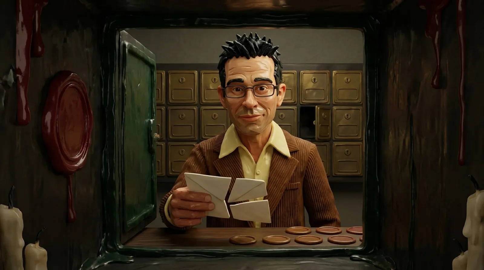 Chris, sculpted in red sealing wax, stands at a wall of small post office boxes and slides a letter cut into three pieces into one open box.
