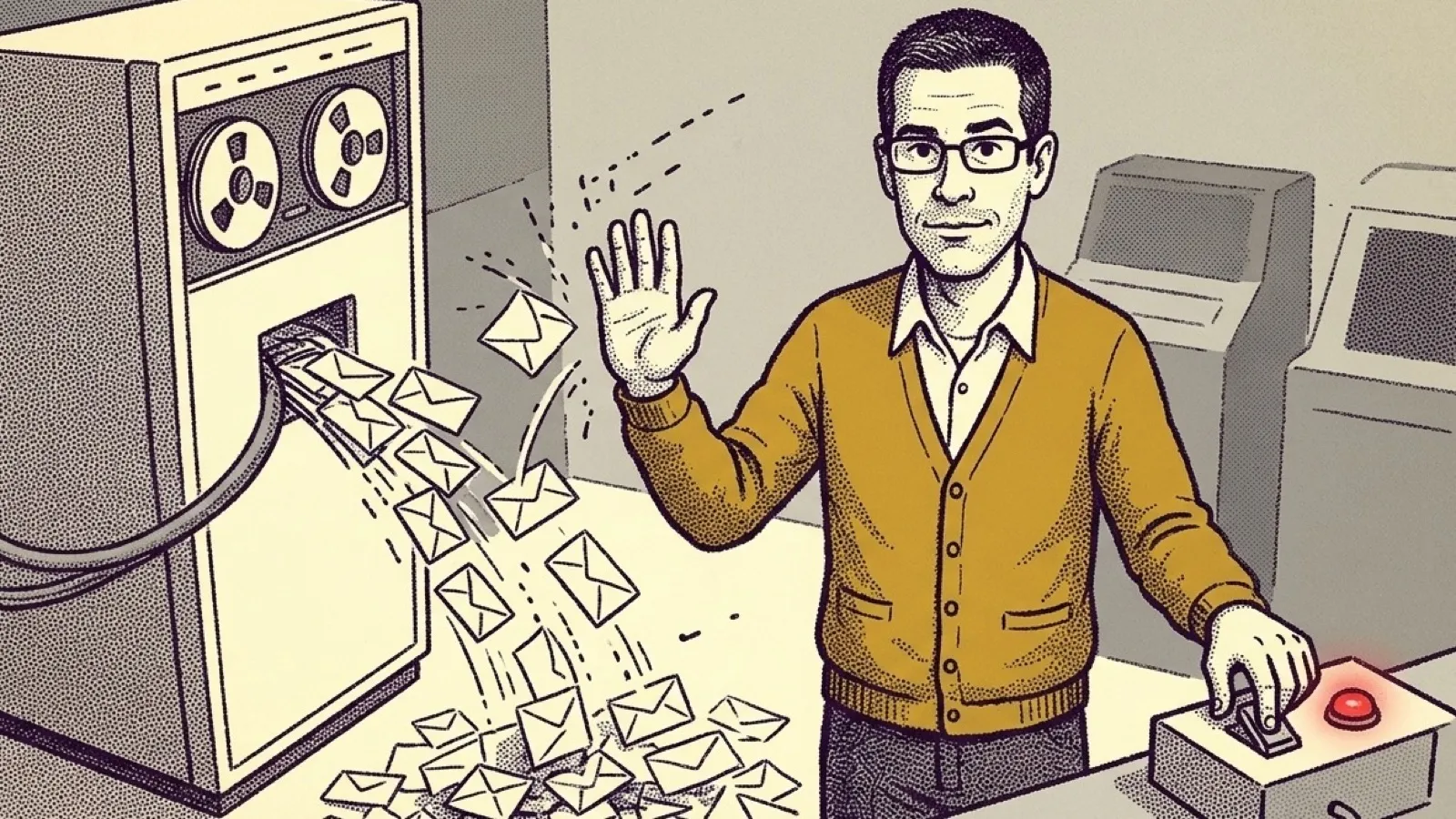 Chris holds up one hand to stop a stream of paper envelopes pouring from a cable out of a 1970s computer cabinet, drawn as a teletype printout.