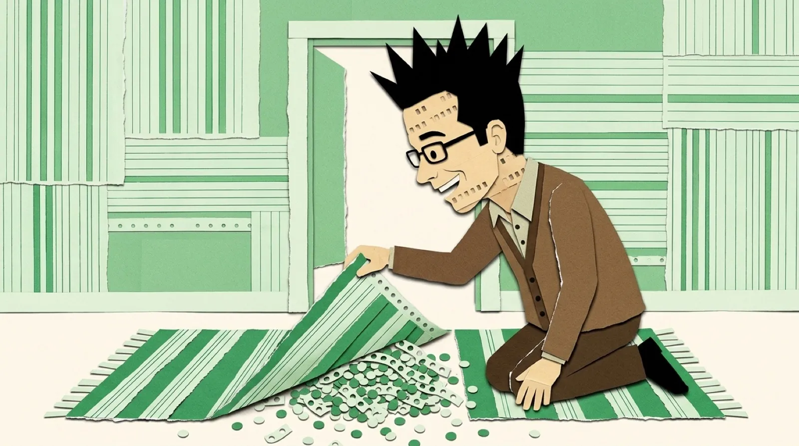 Cut-paper collage made from green-bar computer printout and punched cards: Chris Pirillo in a cardigan lifts the corner of a rug and finds a heap of small round dots swept underneath it.