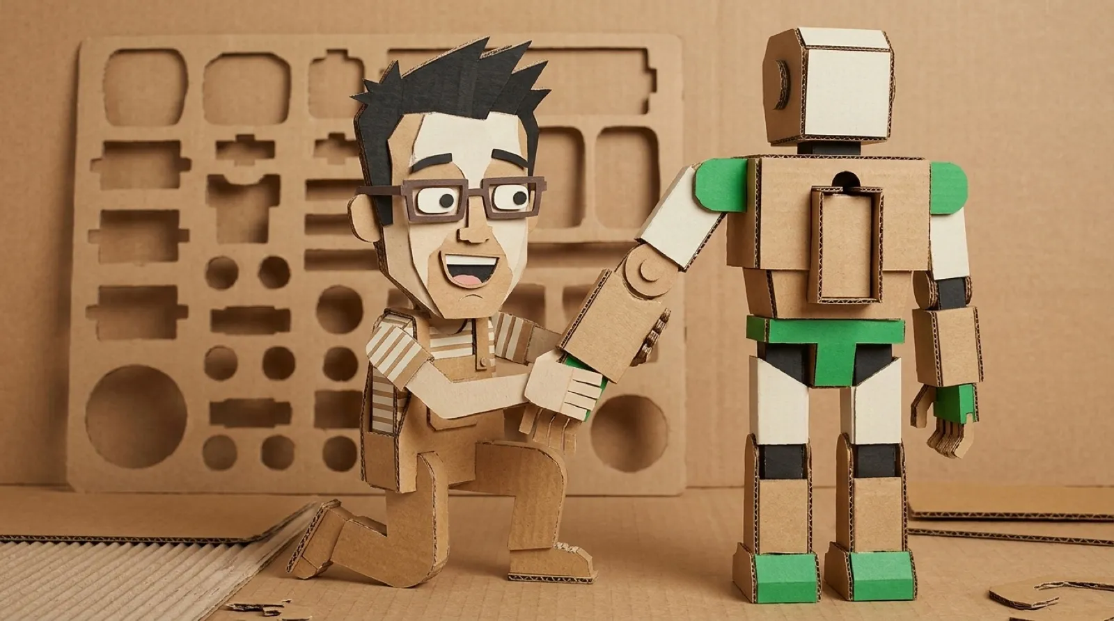 Chris kneels on a workshop floor fitting the last punched-out cardboard arm onto a tall cardboard humanoid robot, with a spare battery slotted in its back.