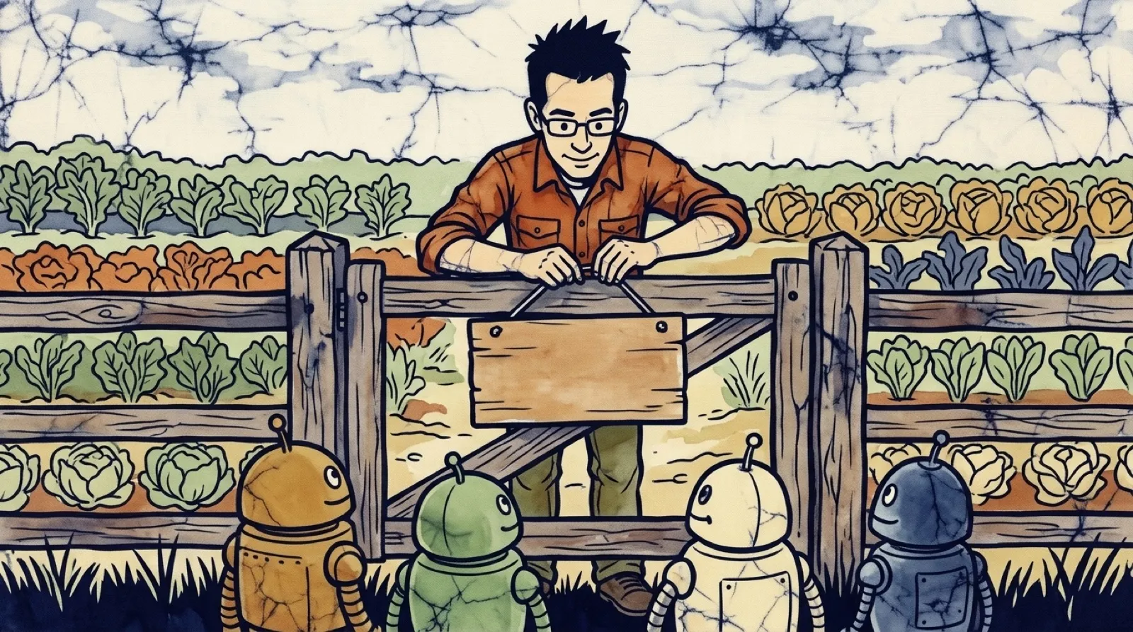 Chris Pirillo in batik hanging one new sign on a garden gate while a row of small robots waits outside the fence