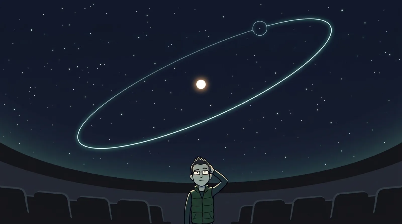 Chris stands small at the bottom of a planetarium dome, looking up at a faint new dot circled among the stars, scratching his head.